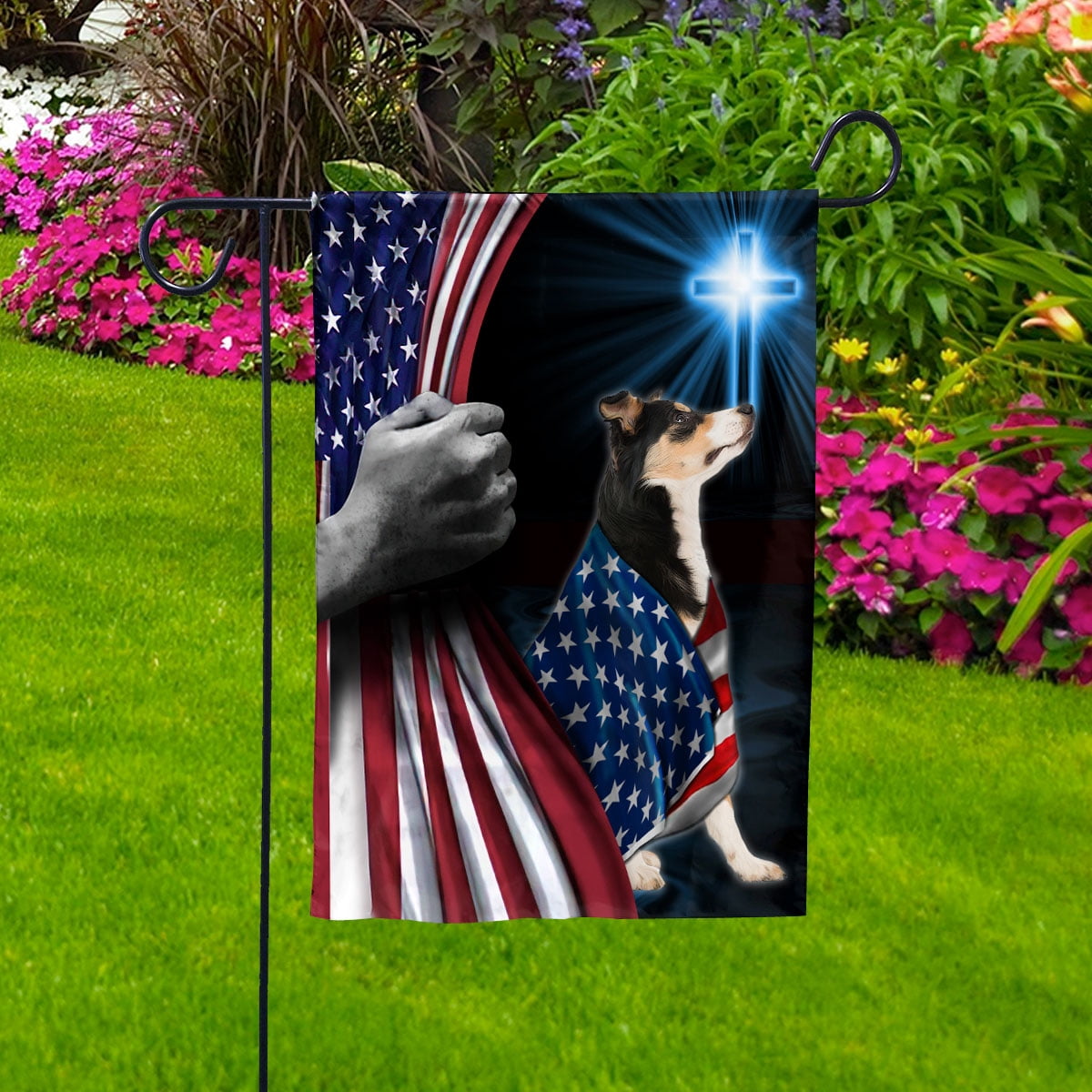 Hand Pulling USA Flag Border Collie Dog Wearing Flag American Standing under Cross Christian Patriotic House Flag (3x5) Double Sided- Premium Polyester-Decorative Indoor Outdoor Flag