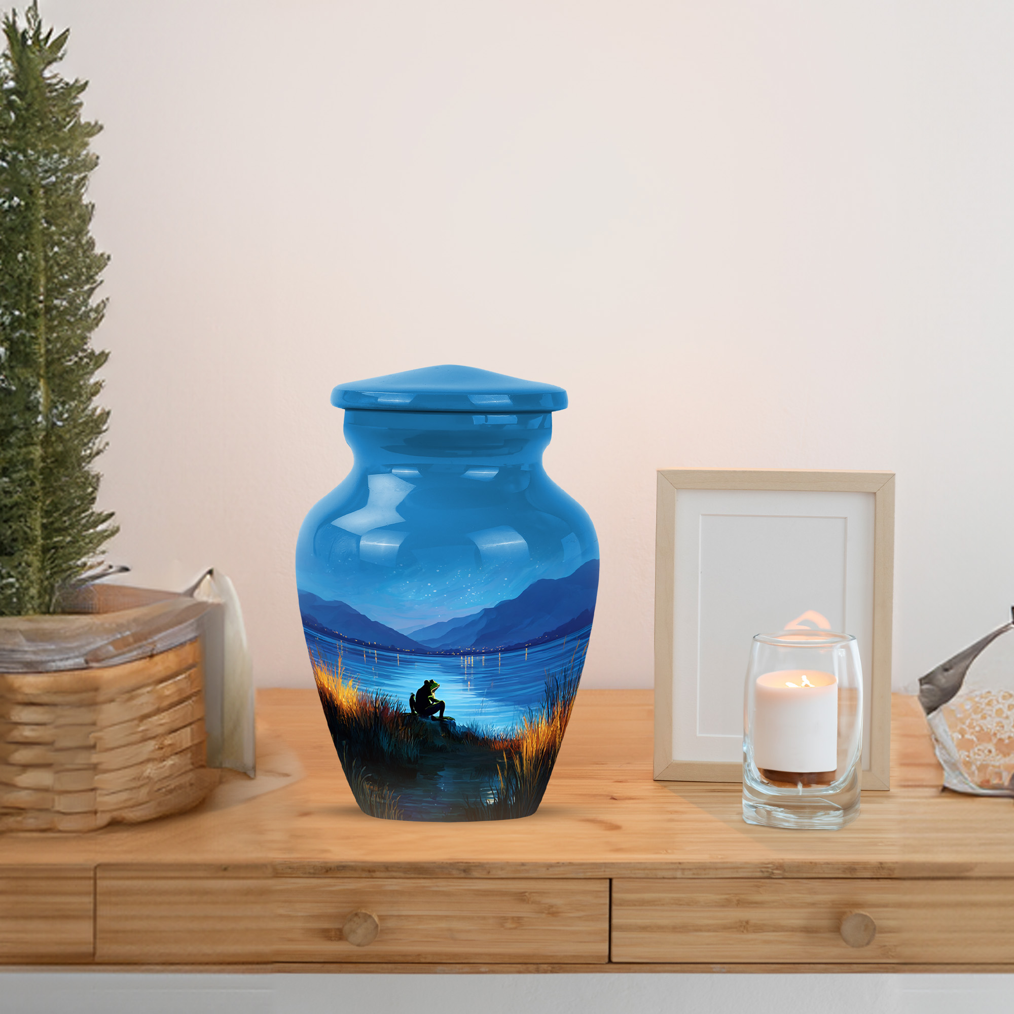 MUKTIVE Frog Tiny Cremation Urn, Mini Blue Urns for Adult Male, Keepsake Starry Night Memorial Urns for Human Ashes Adult Man, Mountain Funeral Urn for Human Ashes, 3 Inch