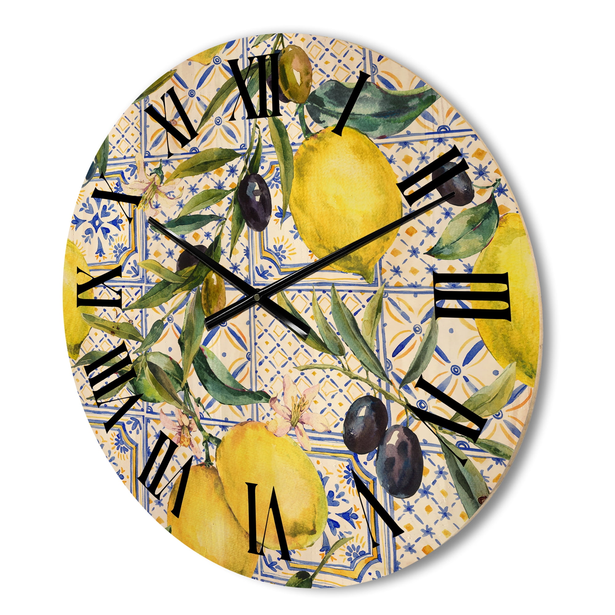 Designart 'Geometrical Pattern of Lemon Ornament On Blue III' Tropical Wood Wall Clock