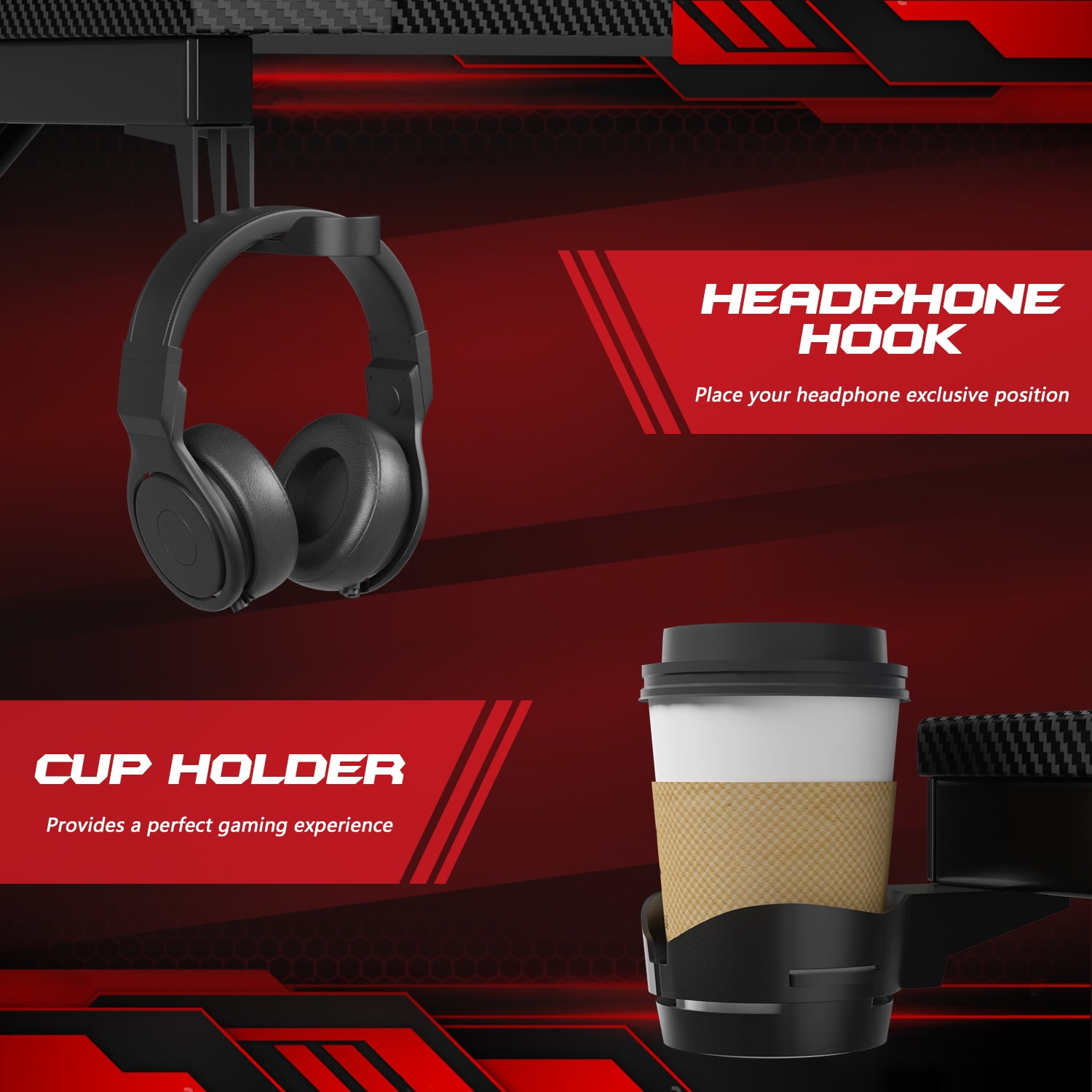 Homall 55 Inches Z-Shaped Gaming Desk Carbon Fiber Surface Desk with Cup Holder & Headphone Hook, Black
