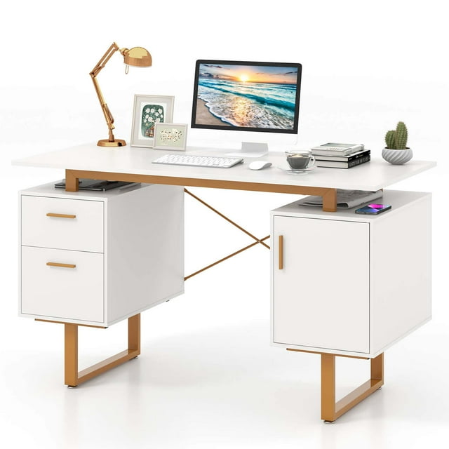 Costway Bureau de Maison 51 Pouces avec Bureau Flottant à Double Tiroirs et Cadre en Métal