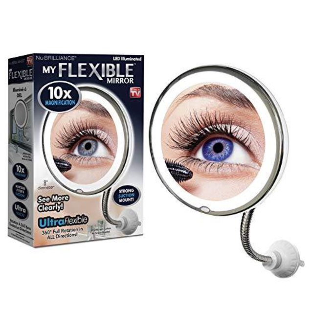 NU Brilliance My Flexible Mirror 10X Magnification Makeup Mirror with LED Light, 8" Diameter, Strong Suction Mount, 360° Adjustable Rotation