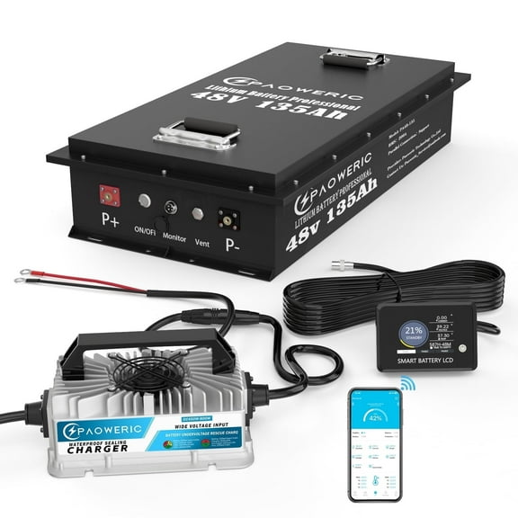 Paoweric 48V 135Ah LiFePO4 Lithium Golf Cart Battery with Charger, Perfect for Golf Cart, Trolling Motor