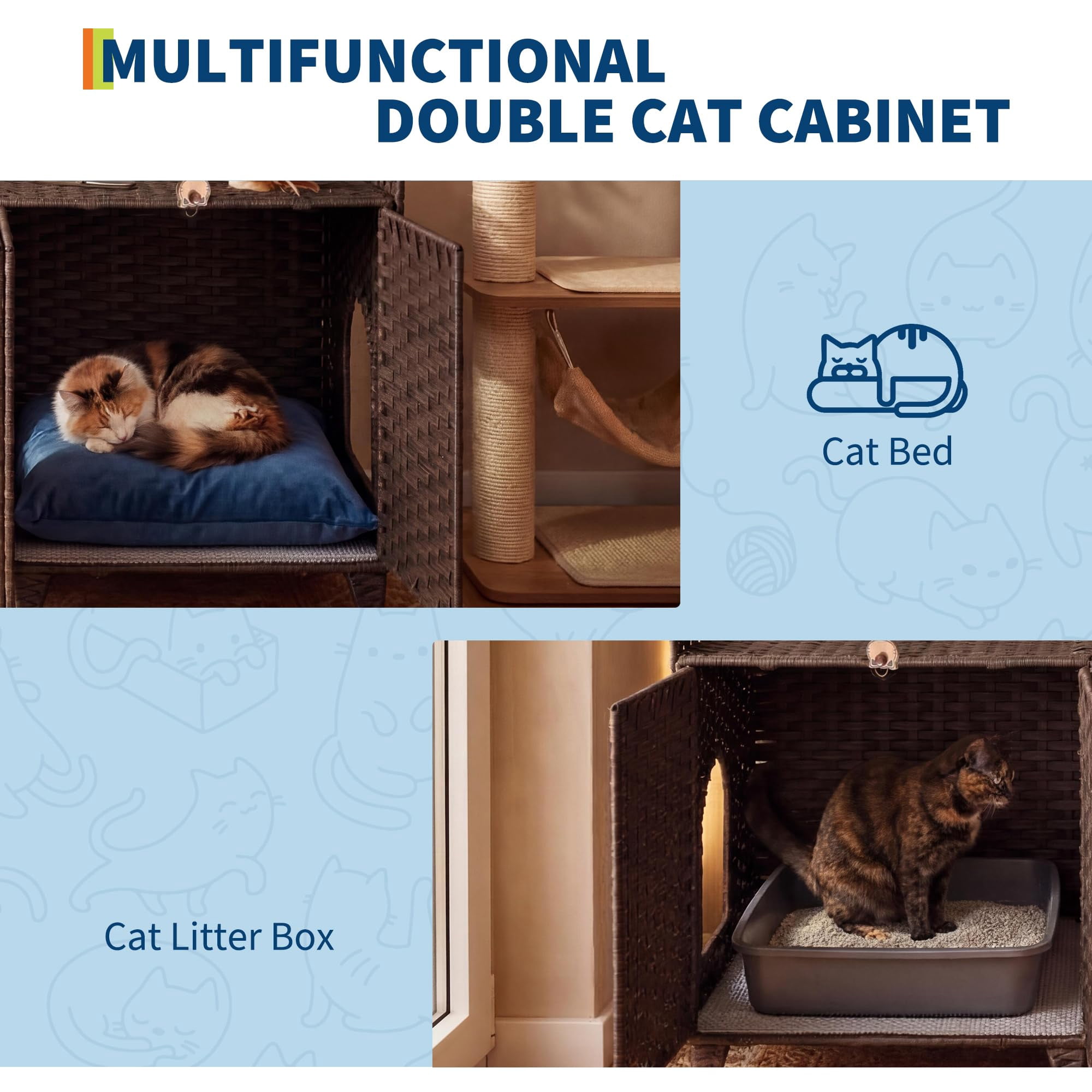 Double Litter Box Enclosure for 2 Cats - Rattan Hidden Cat Furniture with Litter Mat 2 Hooks & Doors, Large Cat House for 2 Litter Boxes, Easy Clean, 47.2" l x 19.7" w x 23.6" h Brown