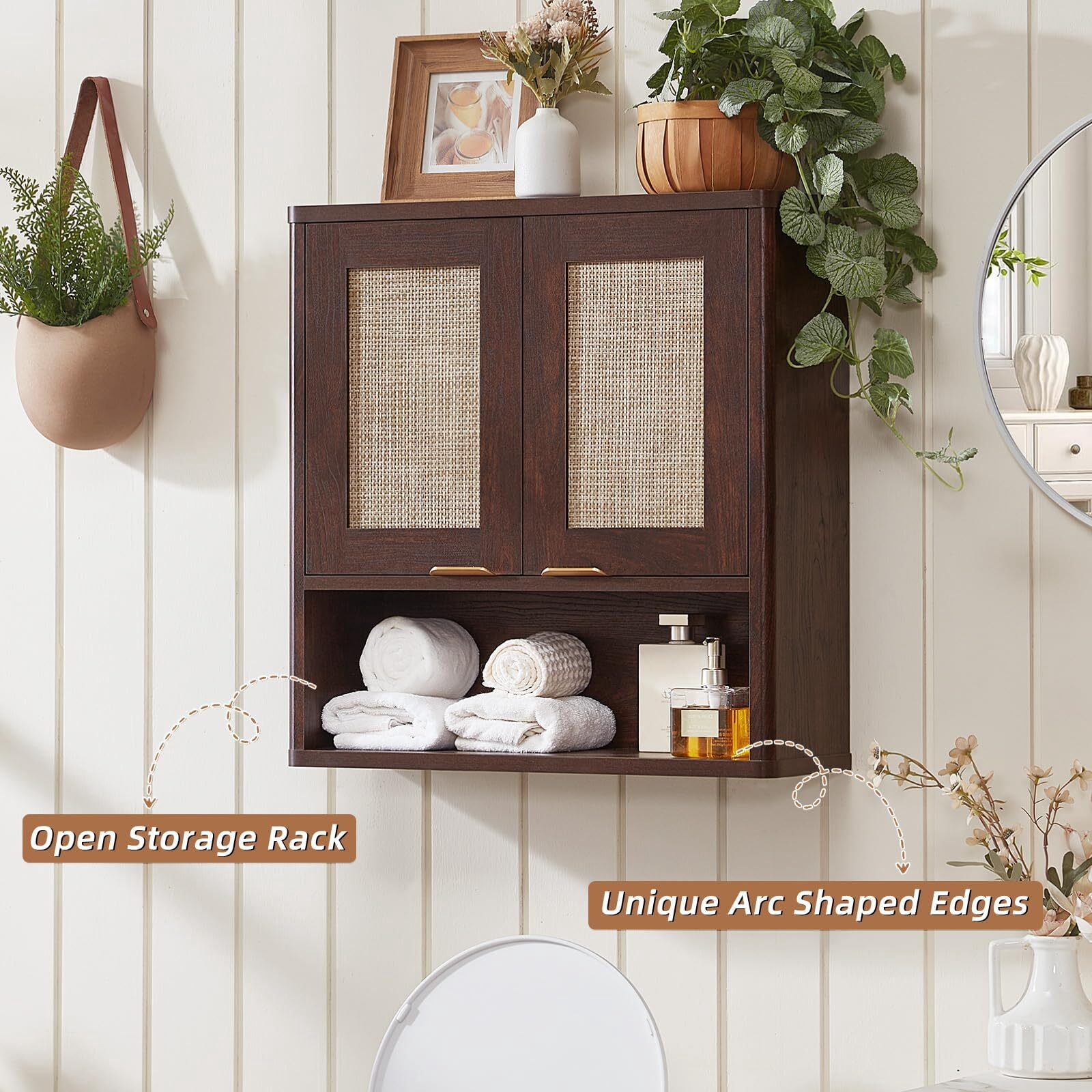 LELELINKY Rattan Wood Bathroom Wall Cabinet with Adjustable Shelf, Boho Medicine Cabinet for over Toilet Storage, Laundry Room, Walnut