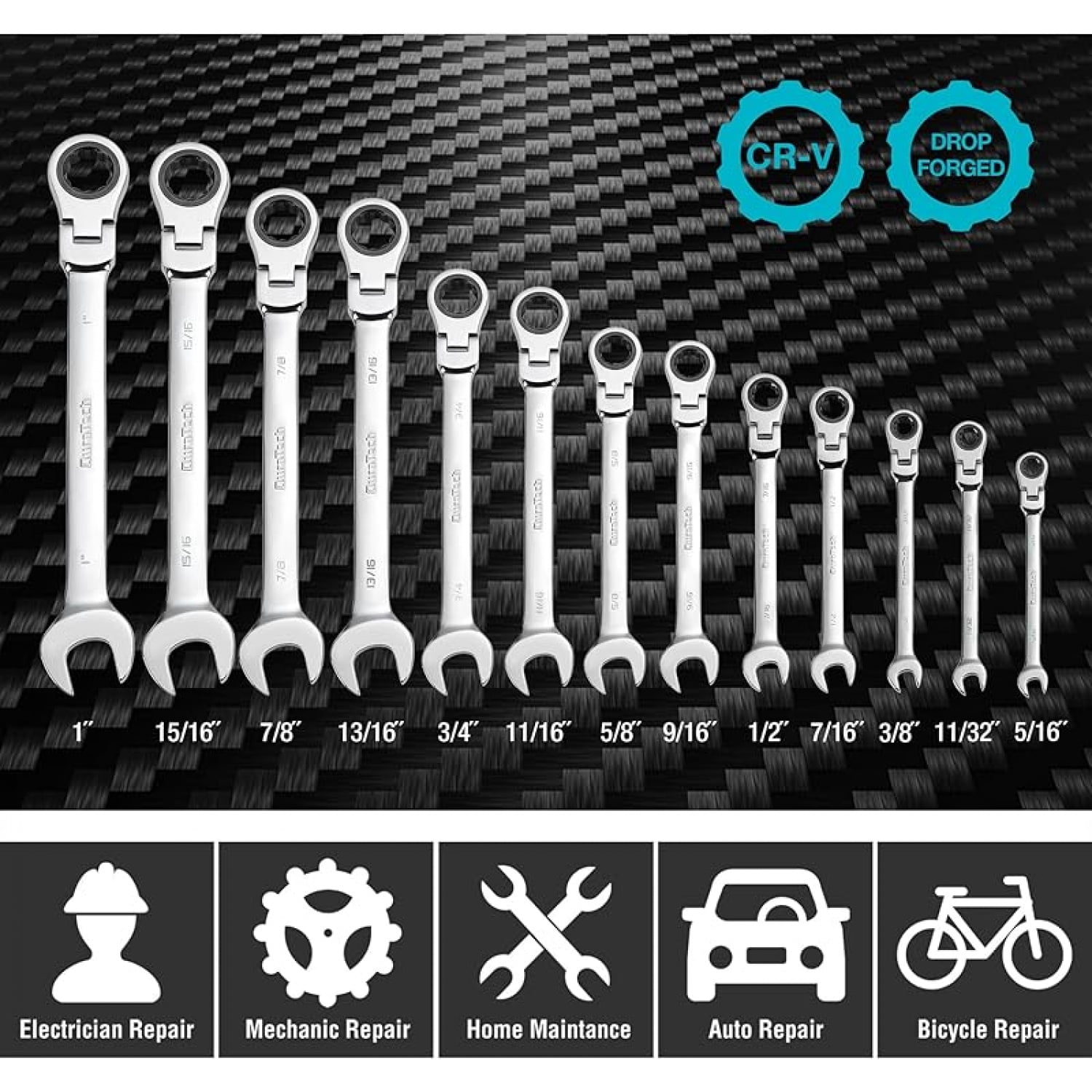 Flex-Head Ratcheting Combination Wrench Set, SAE, 13-piece, 5/16'' to 1'', CR-V Steel, with Rolling Pouch