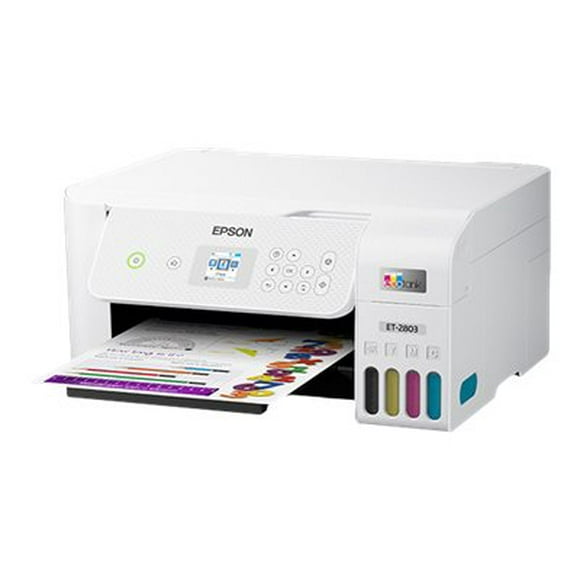 Epson EcoTank ET-2803 - Multifunction printer - color - ink-jet - refillable - 8.5 in x 11.7 in (original) - A4/Legal (media) - up to 7.7 ppm (copying) - up to 10 ppm (printing) - 100 sheets - USB 2.0, Wi-Fi(n) - white