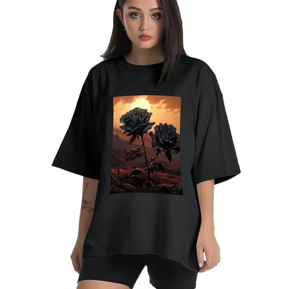 Plus Size Shirt for Women Black Tops for Women Short Sleeves Shirt for Women Roses T Shirt Crewneck Shirt for Women XS