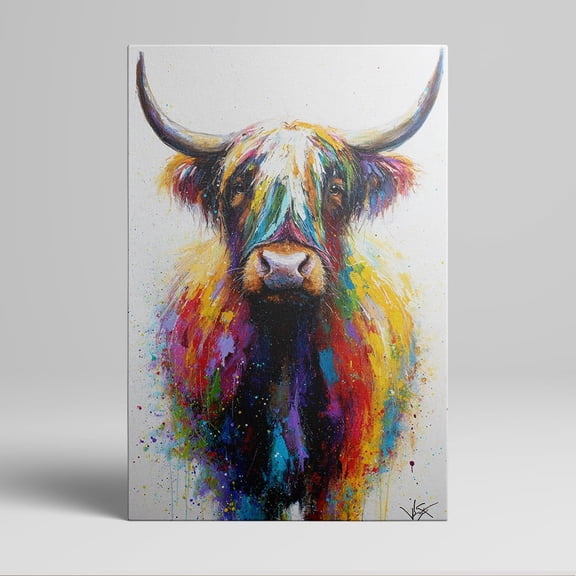 1pc High - impact Highland Cow Canvas Wall Art with Vibrant Color Splashes, framed Decor room hanging Wall Picture Decor for Home Gifts, living room, bathroom, bedroom, kitchen wall art decor canvas