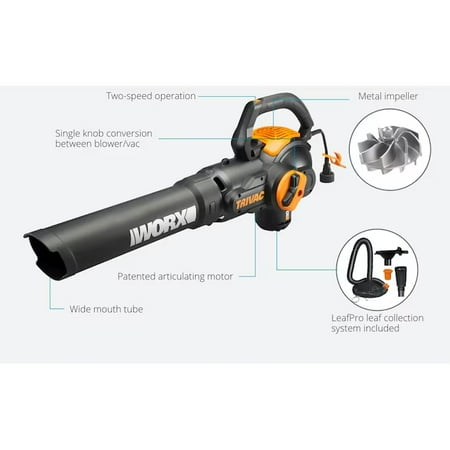 WORX - 12 Amp TRIVAC 70 MPH 600 CFM Corded Blower, Mulcher, and Vaccum - Black