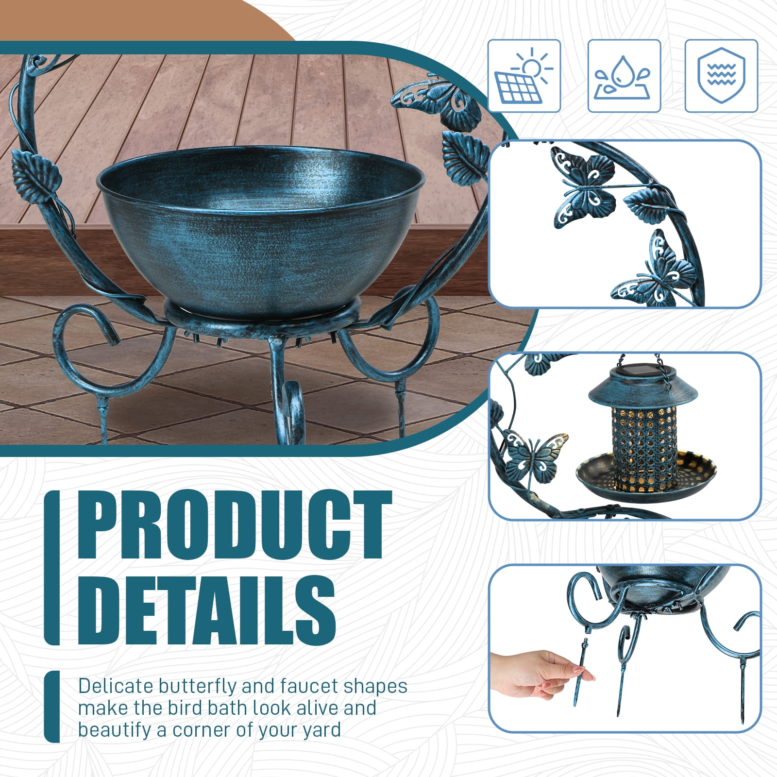 Xilee Metal Birdbath with Flower Planter Pedestal and Solar Bird Feeders Combo for Outdoor,37.8 inch  Metal Bird Baths for Outdoors, Decorative  with Butterfly for Outside Garden Yard, Weather Resist