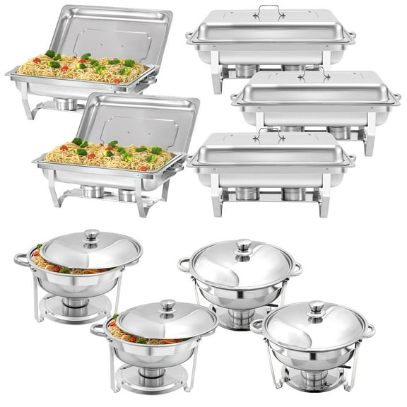PRIJESSE 9 Pack Chafing Dish Rectangular Full Pan×5 Round 5QT×4 Chafers Stainless Steel Catering Buffet Warmer Set for Parties,Events,Wedding,Dinner