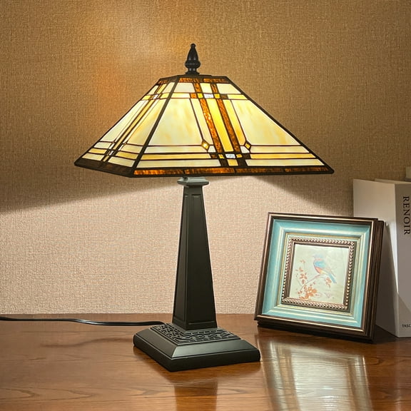 Tiffany Table Lamp,12" Medium Stained Glass Desk Lamp for Reading,Blue Nightstand Table Light for Living Room Bedroom Foyer Entryway