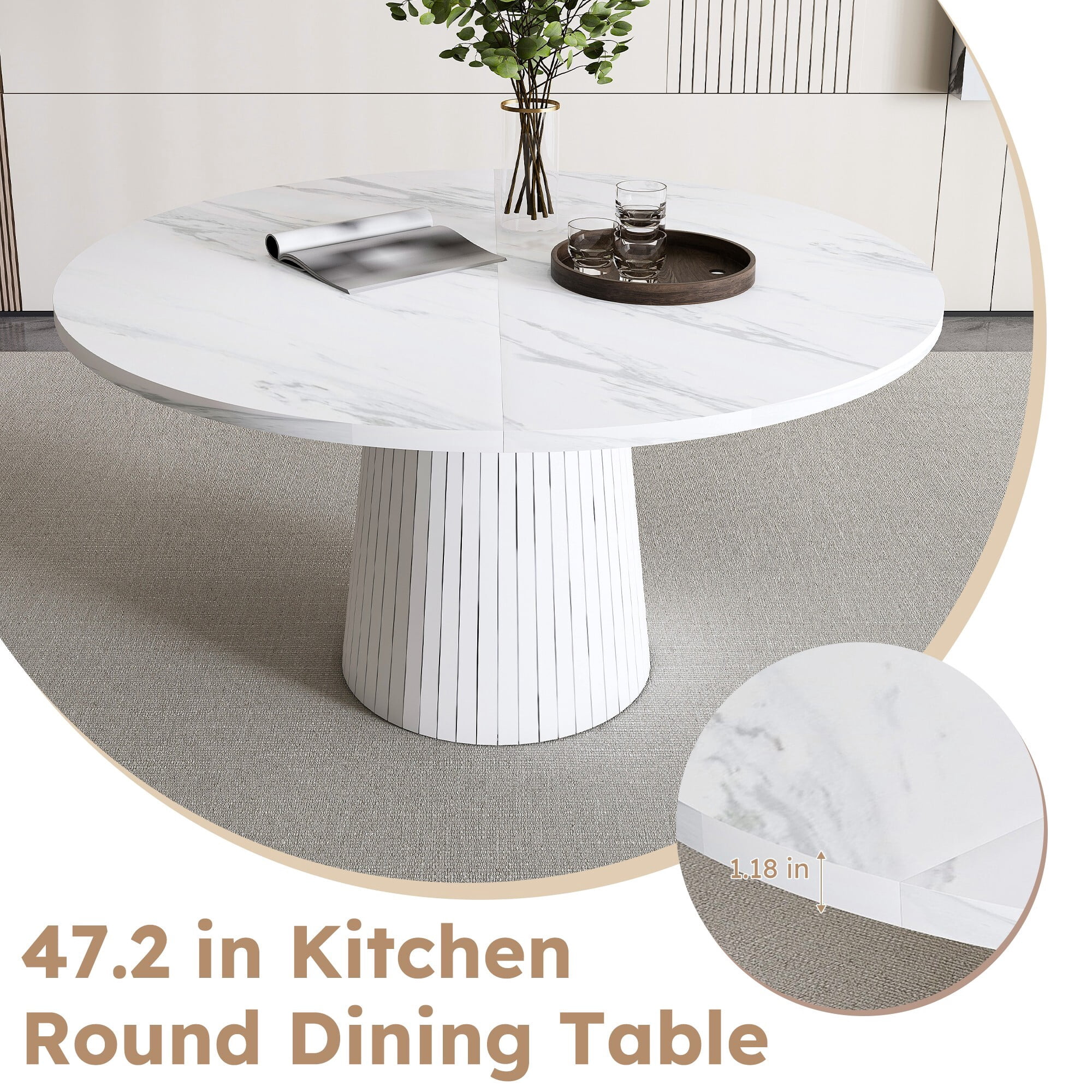 AENKYO 47" Round Dining Table for 4, Modern Farmhouse Pedestal Kitchen Table with Wood Strip Base, Marble Finish