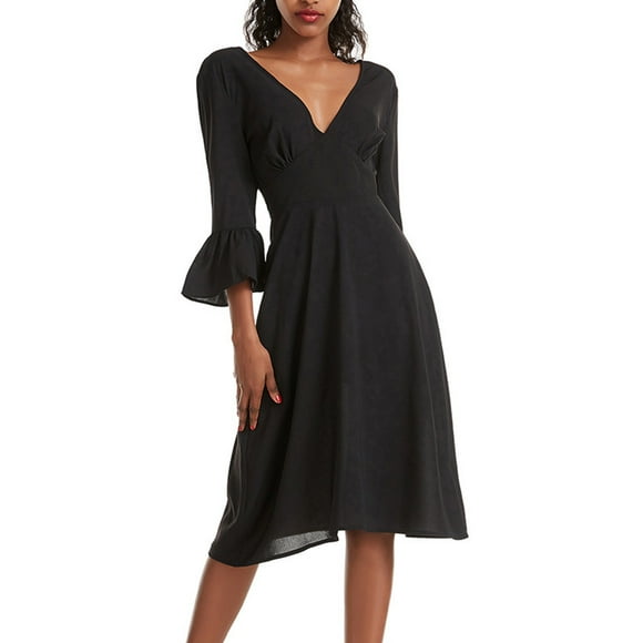 Fznquz Black Womens Dresses Elegant Formal Midi Wedding Guest A-Line Bell Sleeve Flowy Deep V Neck Women Dresses