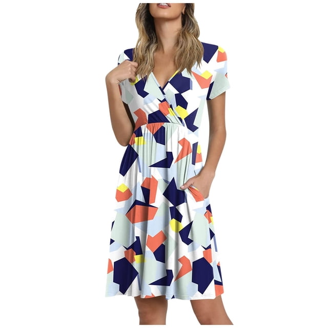 Mini vestido de manga corta con estampado de cuello en V informal de verano para mujer a la moda Fridja qw6273