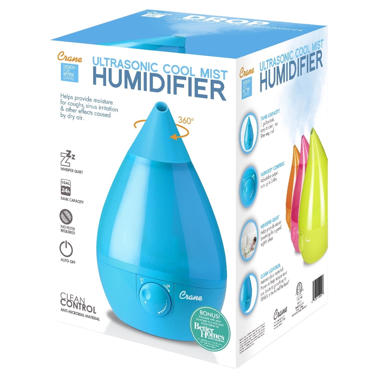 Crane - Drop Ultrasonic Cool Mist Humidifier Aqua - EE-5301B, Aqua