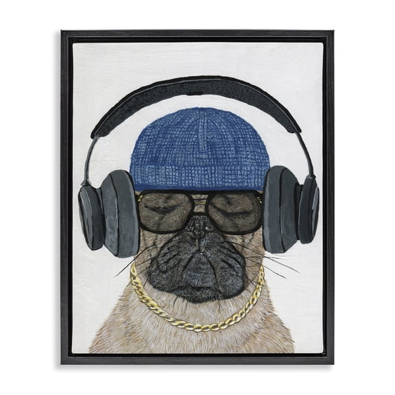 Stupell Industries Contemporary Pug in Headphones Black Floating Frame Canvas Art, 17 x 21, by Melissa Symons