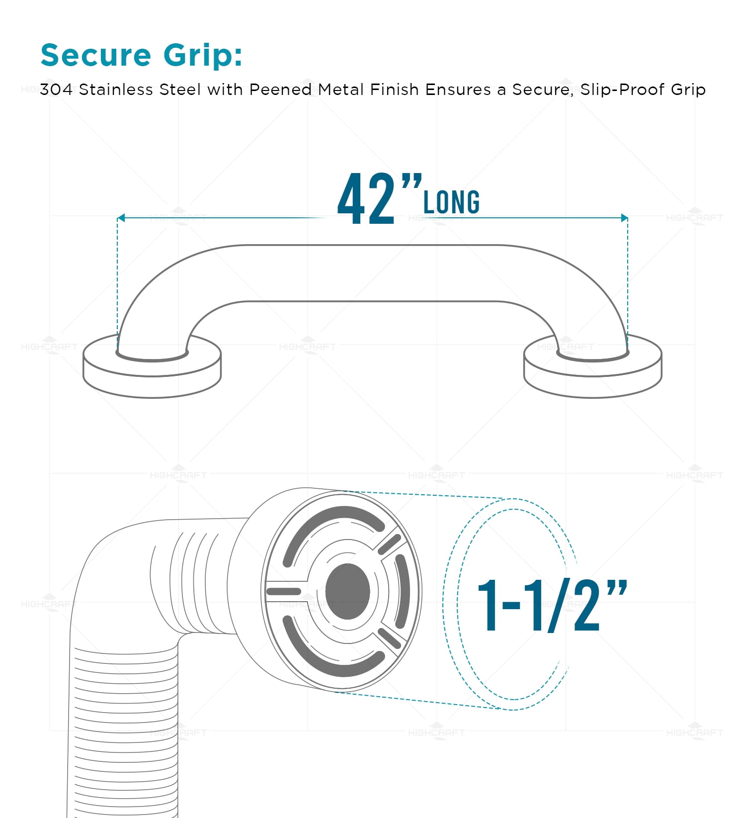 Highcraft Grab Bar for Bathtubs and Showers, Shower Grab Bars for Seniors and Elderly, Safety Bar for Bathroom 42" x 1.5" ADA Compliant Grab Bar, Heavy Duty Stainless Steel Shower Handle Wall Mount