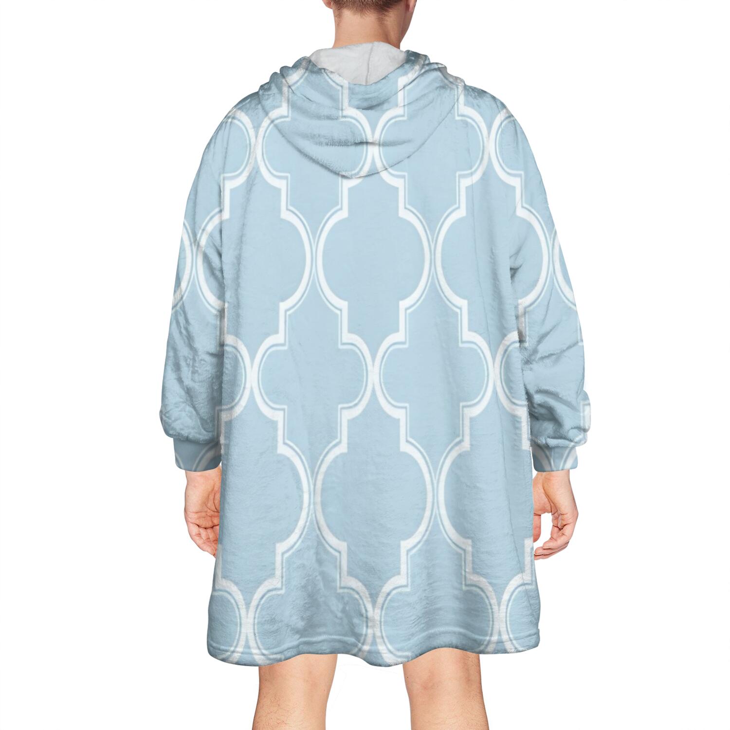 Wearable Oversized Blanket,Light Blue Geometric Quatrefoil Pattern Wearable Blanket Hoodie for Adults,Cozy Hooded Blankets with Super Pockets,Super Warm Fuzzy Pullover for Women & Men