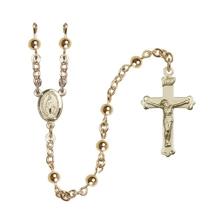 14k Beaded Crucifix - 14kt Yellow Gold Filled Rosary 4mm Faux Pearl beads Crucifix sz 1 1/8 x 5/8. Miraculous medal charm