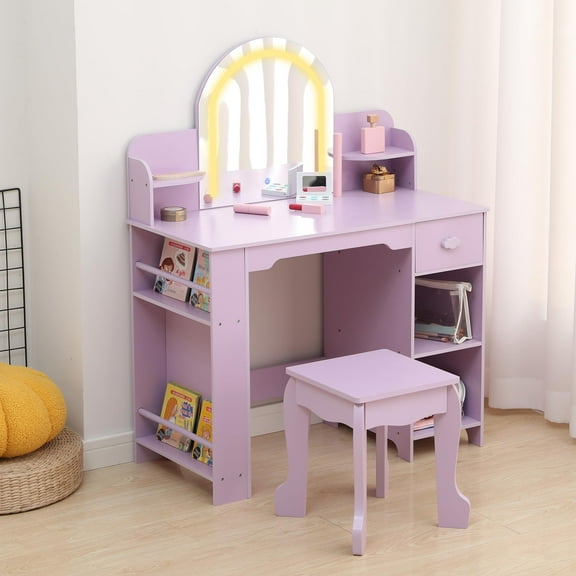 Kicctian Lighted Mirror Kids Vanity Set with Stool, Wooden Princess Makeup Desk for Girls with Bookshelf, Drawer and Open Shelves, Bedroom Furniture for Playroom,Purple