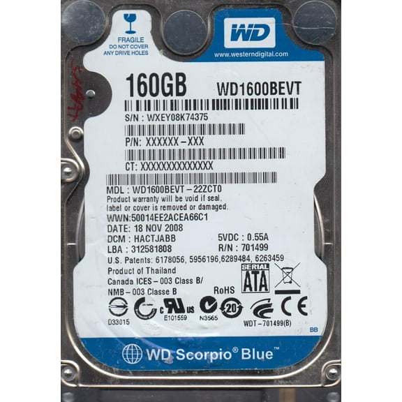 WD1600BEVT-22ZCT0, DCM HACTJABB, Western Digital 160GB SATA 2.5 Hard Drive