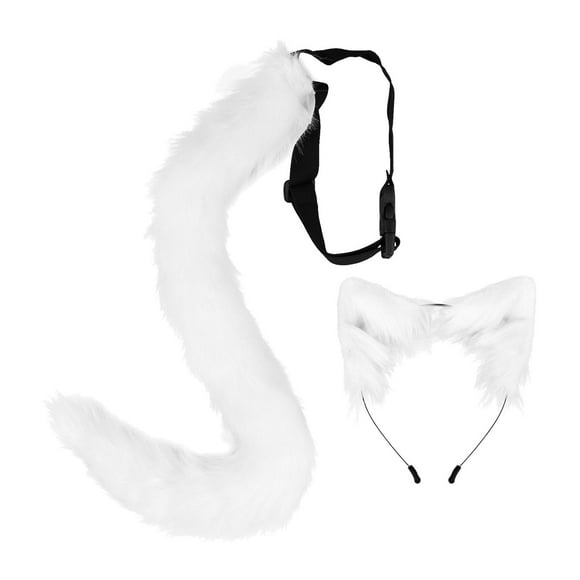 Faux Ears and Tail Set Cosplay Plush Headband for Stage Shows Mardi Gras White
