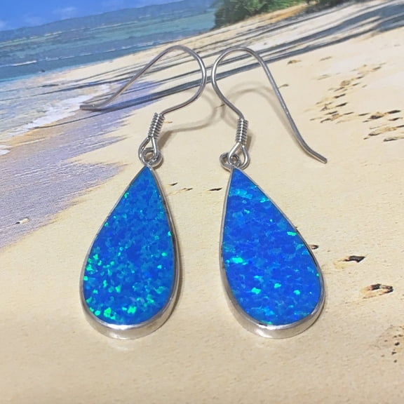 Gorgeous Hawaiian Large Blue Opal Rain Drop Earring, Sterling Silver Blue Opal Inlay Dangle Earring, E4178 Statement PC, Birthday Mom Gift
