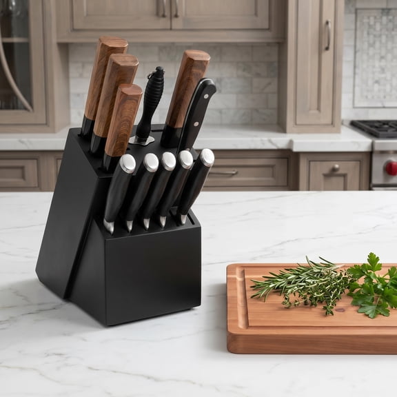 14-Slot Universal Knife Block Holder, Large Wood Bamboo Knife Storage Organizer for Countertop, Butcher Block Style Kitchen Knife Stand (Black)