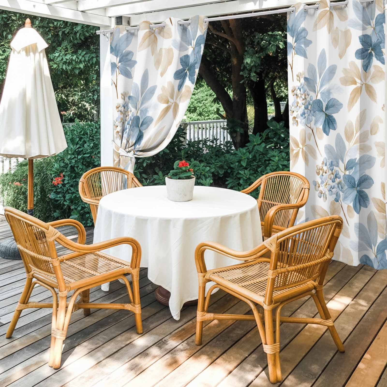 Gray Blue Brown Leaves Outdoor Curtains for Patio, Watercolor Botanical Floral Sunshade Privacy Drapes Grommet Waterproof Outside Curtains for Porch/Cabana/Balcony 54"x 108", 1 Panel