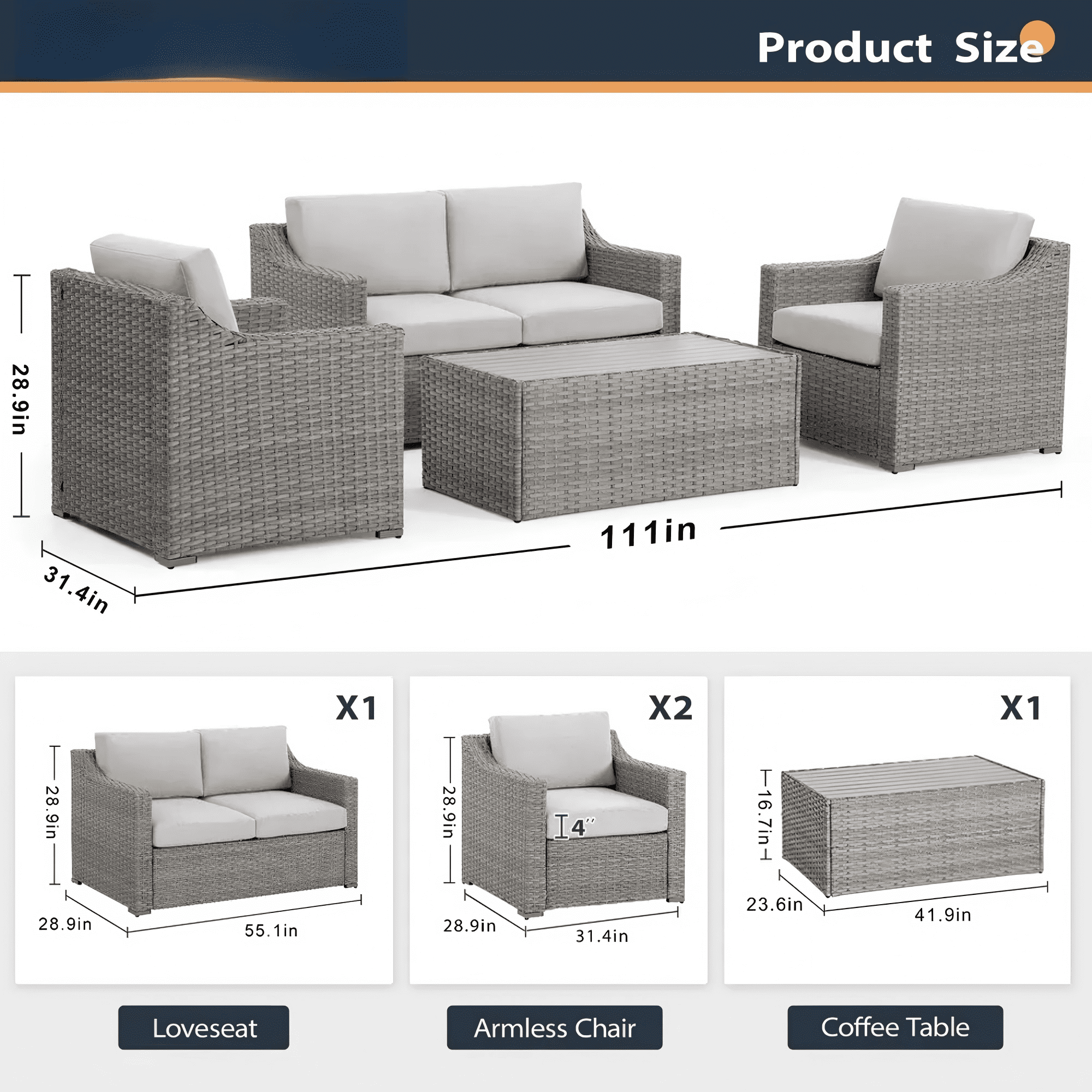 4 Piece Patio Furniture Set Outdoor Wicker Rattan Sofa Set with Loveseat Chairs Wood Coffee Table Cushioned Seating for Backyard Porch Garden (Gray/Beige)