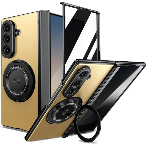 for Samsung Z Fold 7 Case with Privacy Screen Protector,Phone Case with 360 Ring Magnetic Kickstands & Hinge Protection,Shockproof Full-Body Protective Covers for Samsung Galaxy Z Fold 7 5G,Gold