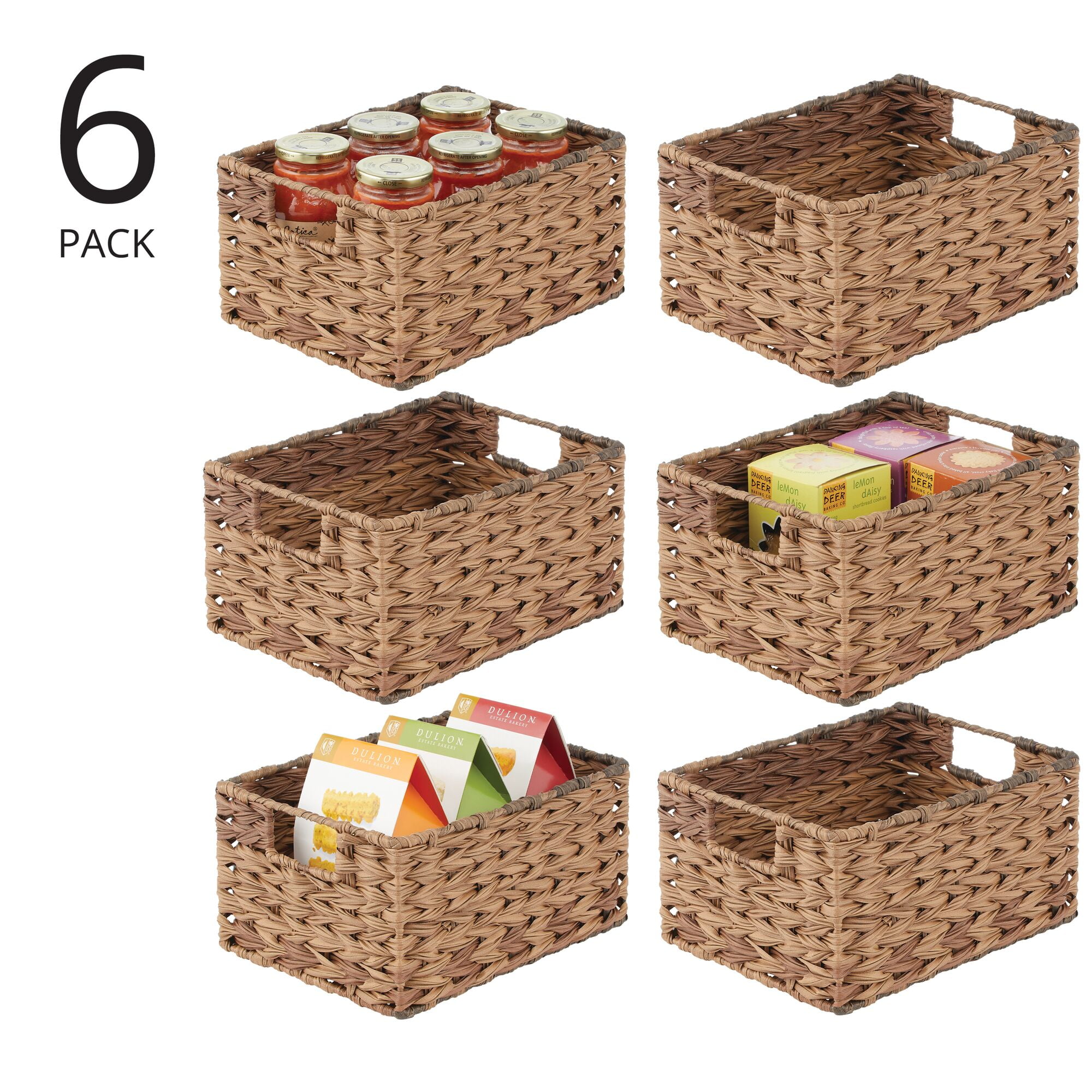 mDesign Woven Farmhouse Pantry Food Storage Bin Basket Box, 6 Pack - Brown Ombre