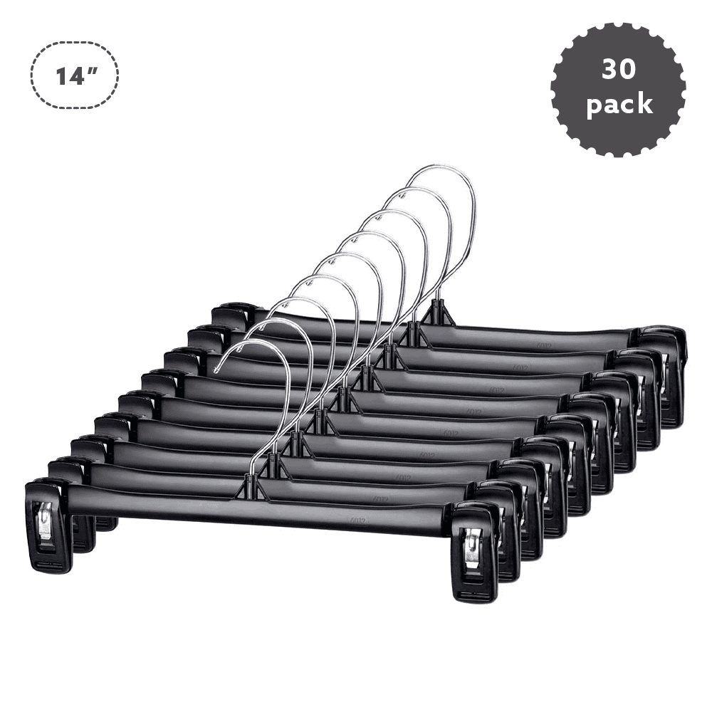Cozymood Pinch Grip Bottom Hangers 14 Inch Black Plastic Hanger With Non Slip Clips And 360 Rotatable Hook Durable Space Saving Clothes Hangers For Pants Trousers Jean Skirt Shorts 30 Pack