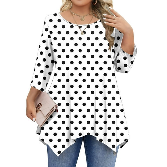 Gamivast Womens Holiday Tops Plus Size 3/4 Sleeve Polka-Dot Tunic Going Out Shirts Trendy Casual Crewneck Asymmetric Hem Dressy Blouse Fashion Clothing