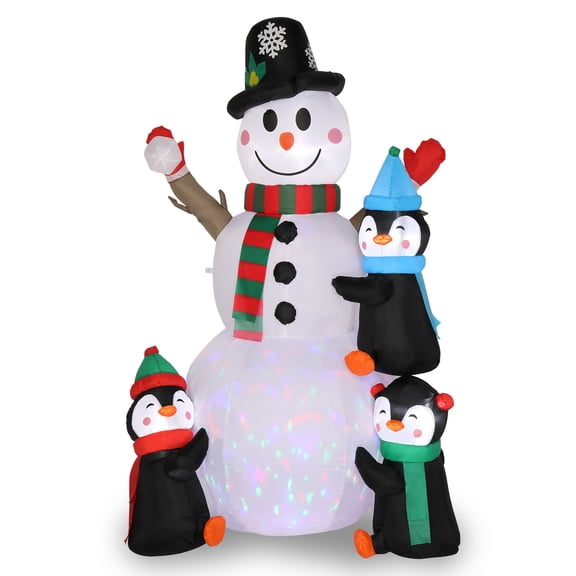 XiHuaZhaoChen 6ft Inflatable Snowman Decoration with 3 Penguins, Light Strings & Rotating Light - Outdoor Christmas Blow Up Garden Yard Decorations