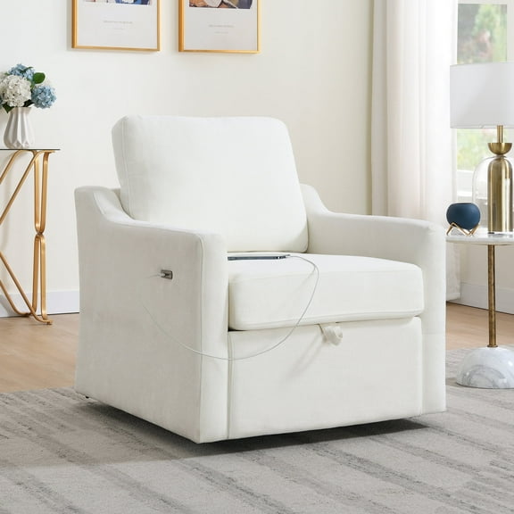 QianYueLUX Swivel Accent Chair with Dual USB-C & Hidden Storage, White, 360° Rotating, Chenille Fabric, 300lbs Capacity, 34" Tall