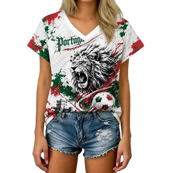 2026 Soccer Game Women's Portugal Themed V Neck Short Sleeve T-Shirt, Red Green Color Block Graphic Fan Tee, Breathable Casual Sport Top