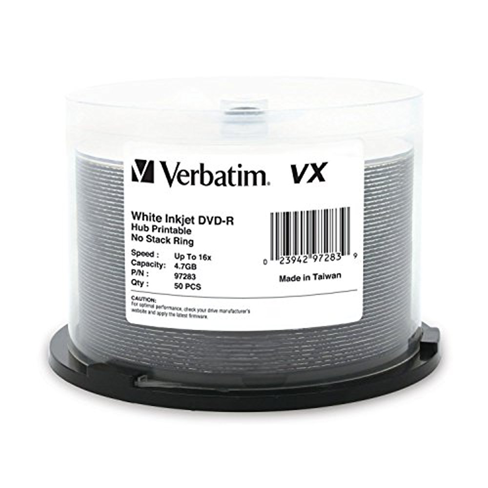 Verbatim DVD-R 4.7GB 16X VX White Inkjet Printable, Hub Printable – 50 ...