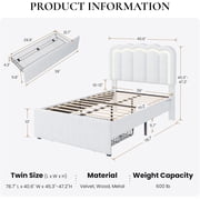 SHA CERLIN Upholstered Twin Size Bed Frame with LED Lights and Large Storage Drawer, Velvet Platform Bed with Adjustable Wavy Headboard, Noise Free, Easy Assembly, No Box Spring Needed, Soft White