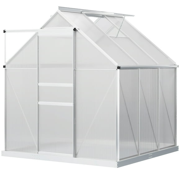 Outsunny 6' x 6' x 6.5' Polycarbonate Greenhouse, Walk-in Green House with Adjustable Roof Vent, Galvanized Base, Sliding Door and Rain Gutter for Outdoor, Garden, Backyard, Clear