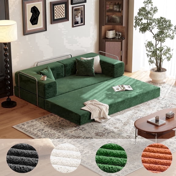 Lodeija Convertible Sleeper Sofa Bed, 80.3" W, Green Corduroy, 2 Pillows