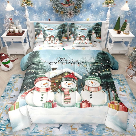 Homewish Kawaii Xmas Snowman 7-Piece Twin Bedding Sets for Teens Boys Girls,Merry Christmas Snowflake Bedding Comforter Set,Happy New Year Breathable Sheet Sets,Breathable Home Decor,Reversible