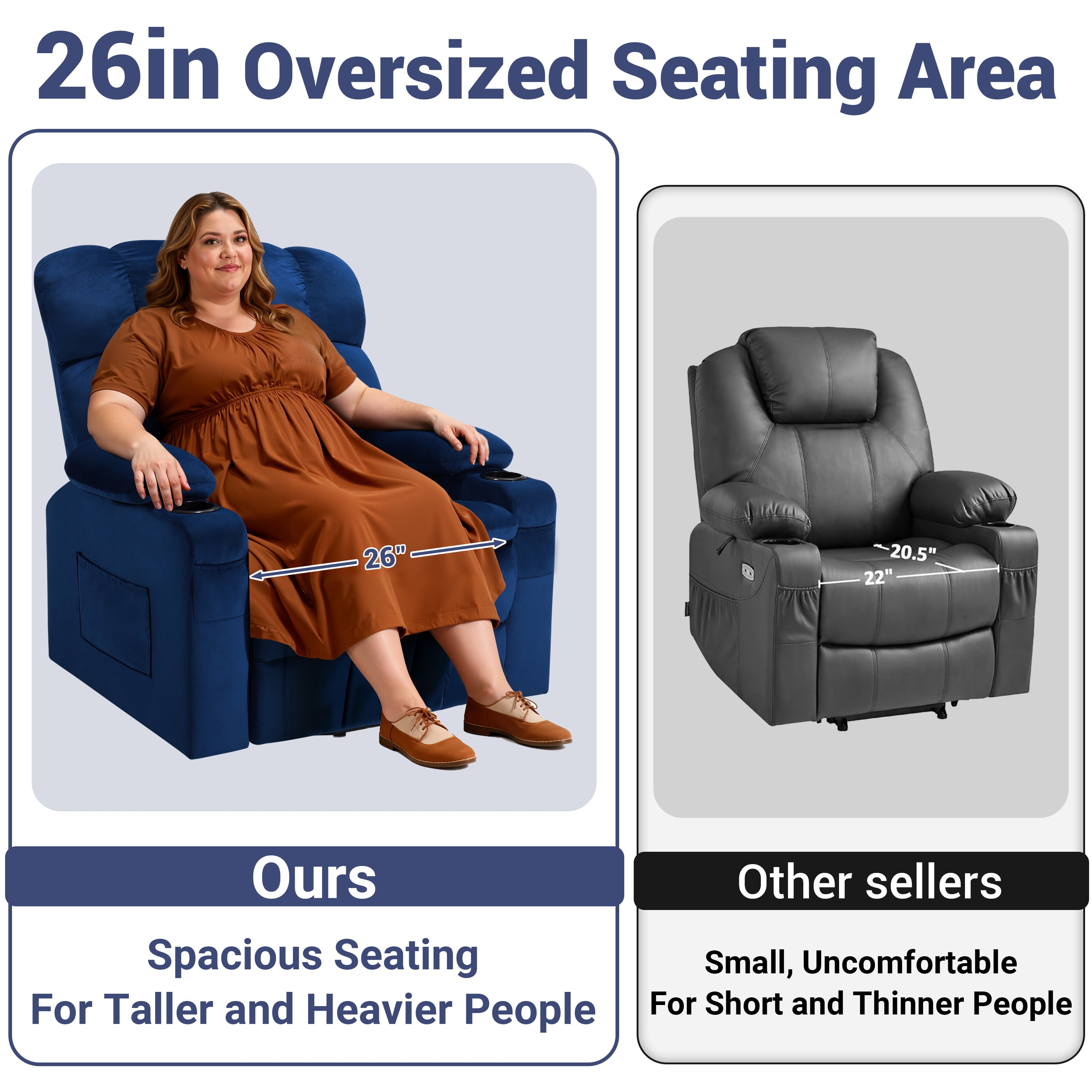 Oversized Power Lift Recliner, LEGAHOME 26in Large Wide Lift Chair for Elderly, Massage Recliner with Heat for Big and Tall Adults, Living Room Recliner Chair with Cup Holders, Blue