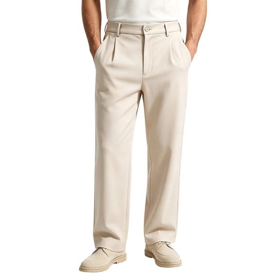 cocolona Mens Casual Linen Pants Elastic Button Waist Straight Wide Leg Commute Work Pants with Pockets