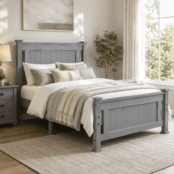 Ktaxon Twin Bed Frame,Solid Pine Wood Twin Platform Bed Frame, Bedroom Twin Bed with Headboard for Adults, Gray, 75.04"L*38.98"W*37.8"H