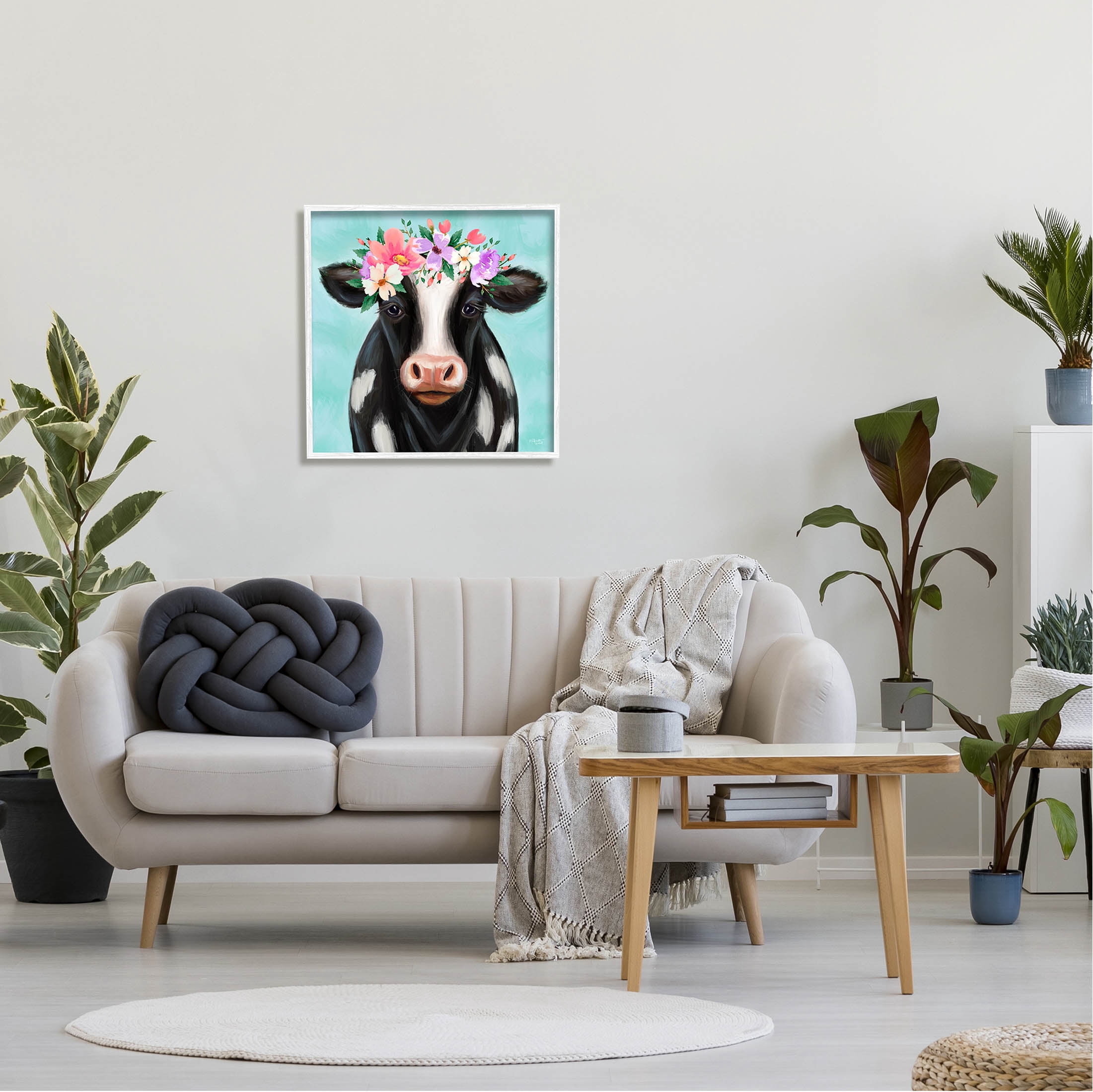 Stupell Industries Farm Cow Floral Turquoise Blossoms Painting White Framed Art Print Wall Art, Design by Elizabeth Tyndall