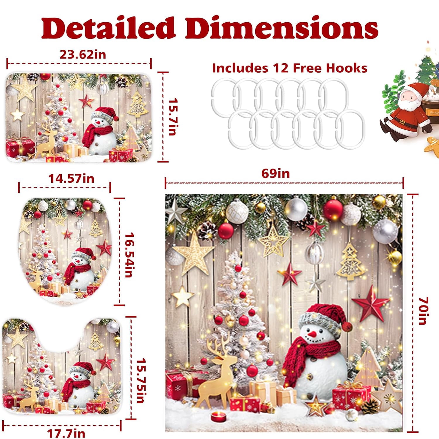 FRAMICS Christmas Snowman Shower Curtain Sets with Rugs, 16 Pc Xmas Tree Wood Barn Door Bathroom Sets, Rustic Winter Waterproof Fabric Bathroom Decor with Hooks