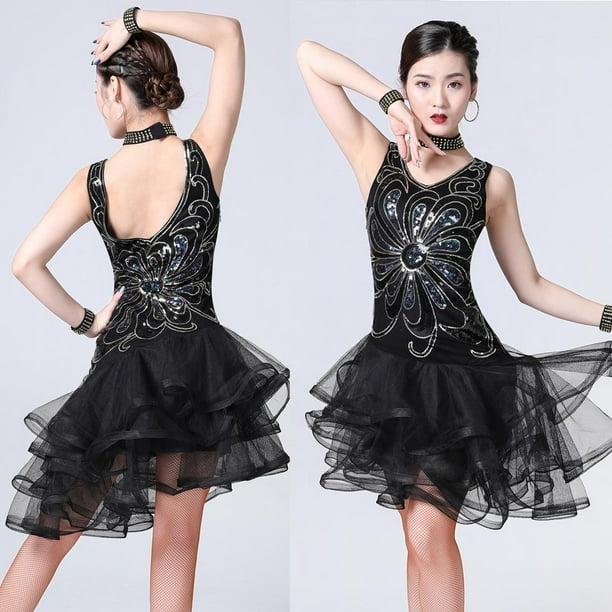 de Baile Latino con Lentejuelas Impreso Floral de Malla Leotardo de Gimnasia para Ballet Yinane Vestido de baile